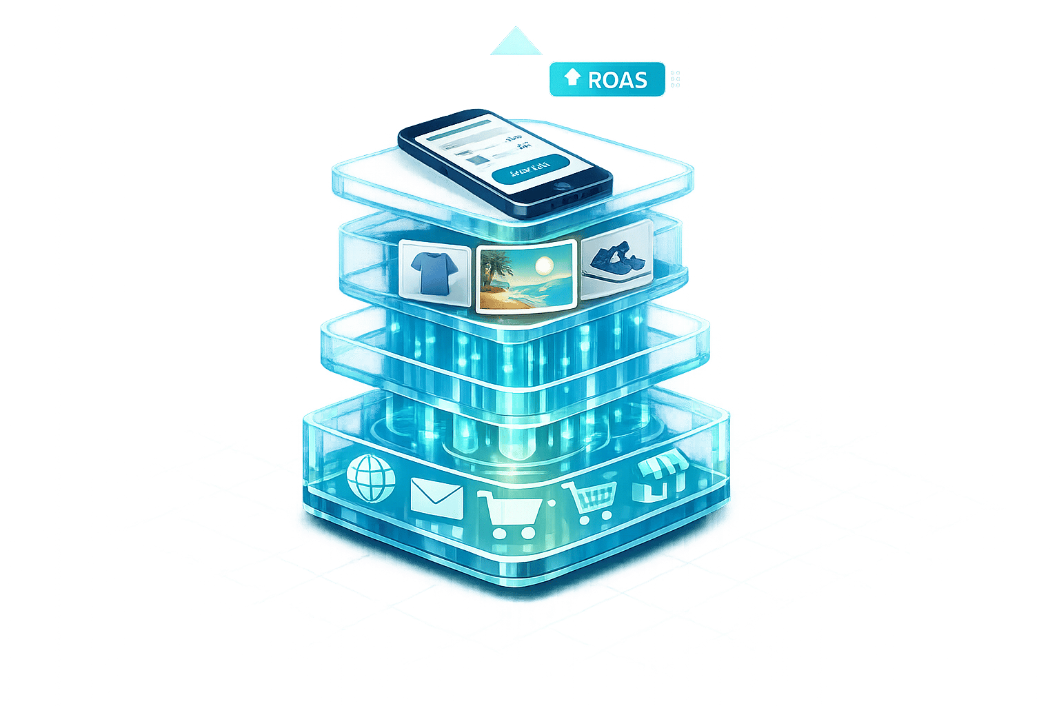 Meta ads illustration showing AI-driven targeting layers for e-commerce products, increasing campaign ROAS.