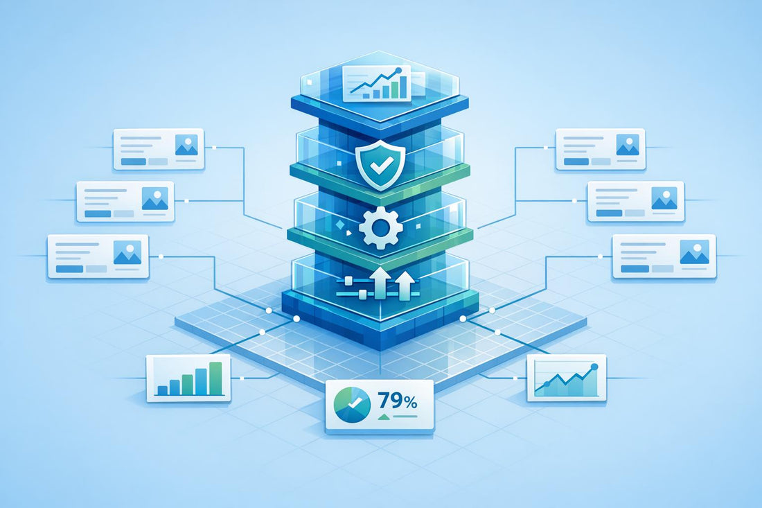 3D tower graphic showing enterprise Google Ads management services including data analysis and account security.