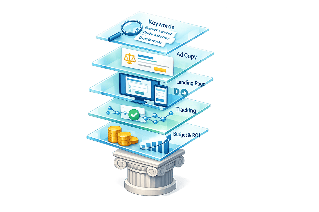 Law firm PPC management diagram showing pillar layers for keywords, ad copy, landing pages, tracking, and budget ROI.