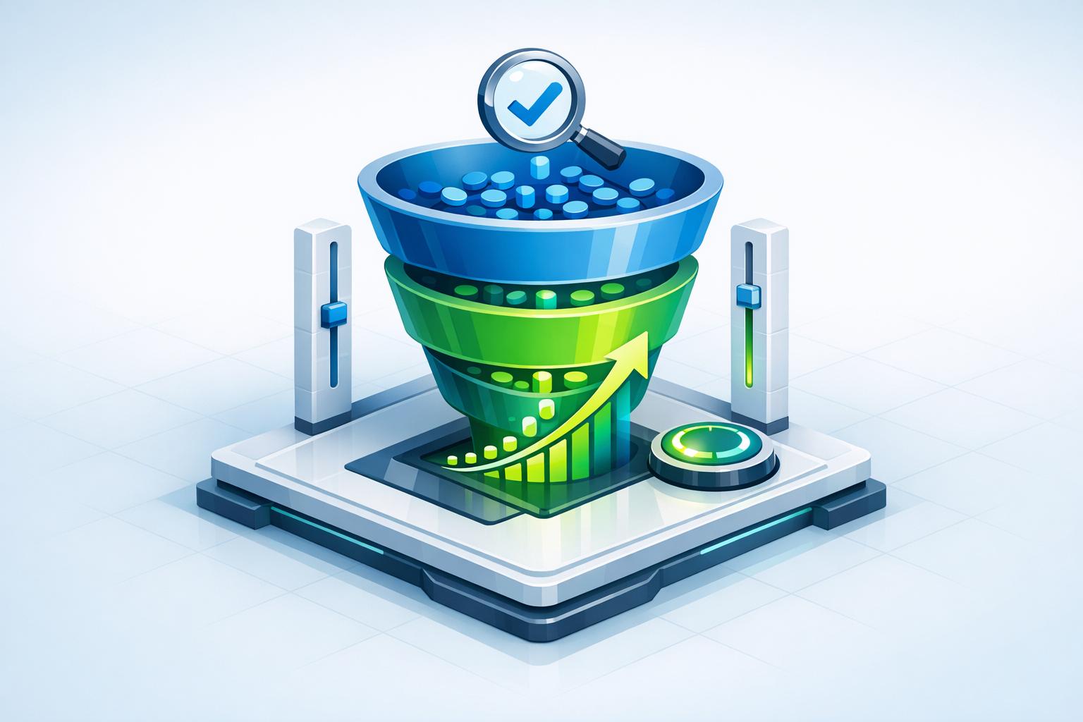 Google Ads consulting illustration showing a marketing funnel being optimized with data analysis and growth tracking.