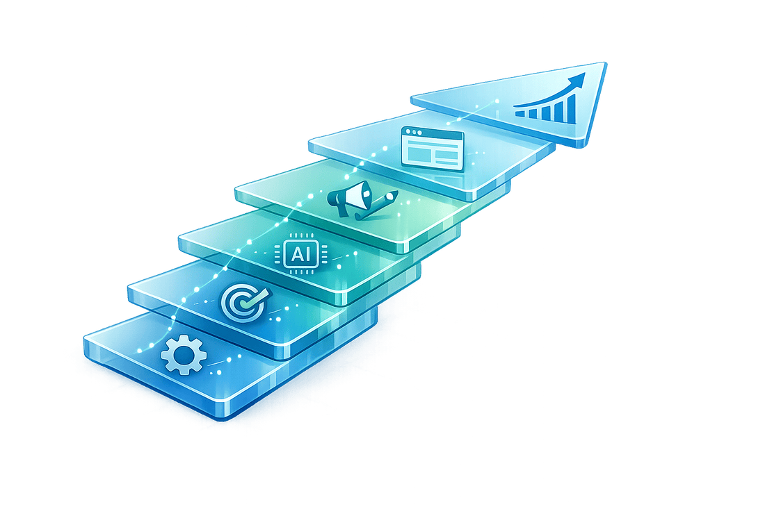 Google Ads course graphic showing a stepped progression from settings and targeting to AI tools and campaign growth.