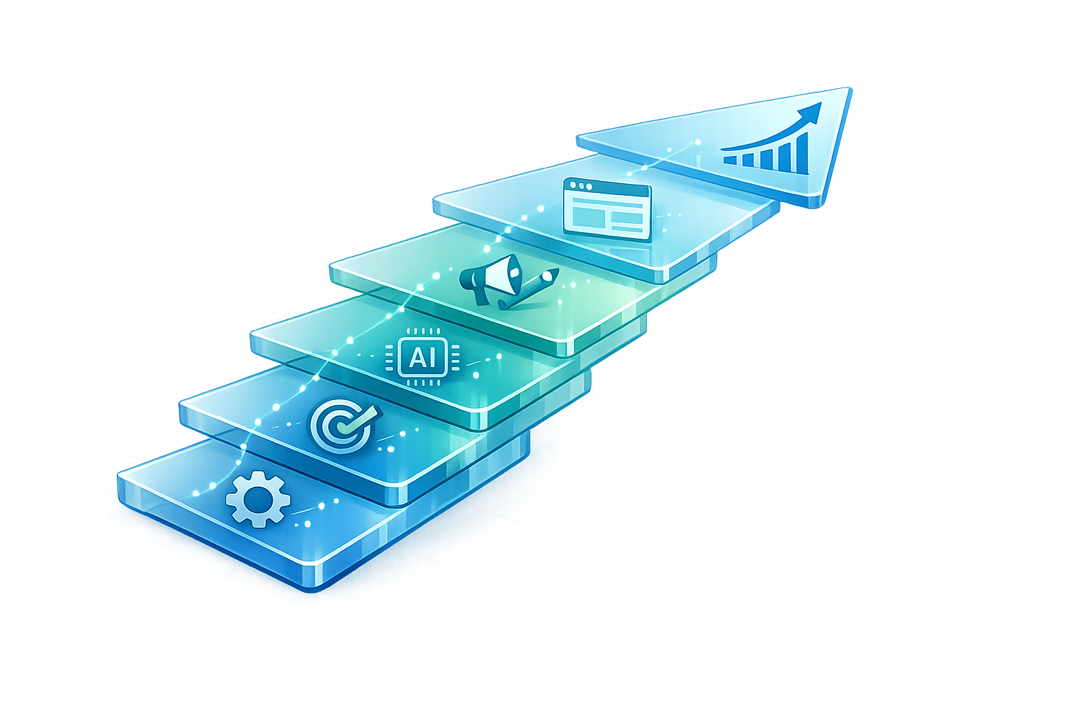 Google Ads course graphic showing a stepped progression from settings and targeting to AI tools and campaign growth.