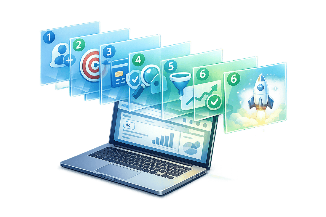 Step-by-step graphic for how to setup a Google Ads account, showing configuration steps leading to campaign launch.