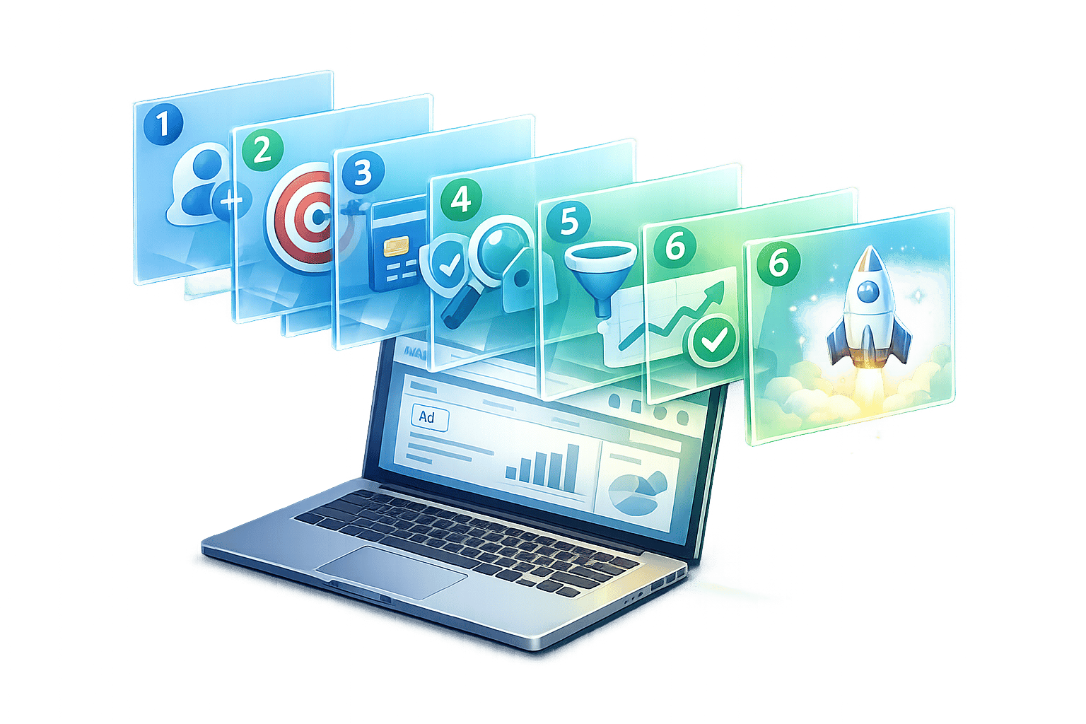 Step-by-step graphic for how to setup a Google Ads account, showing configuration steps leading to campaign launch.