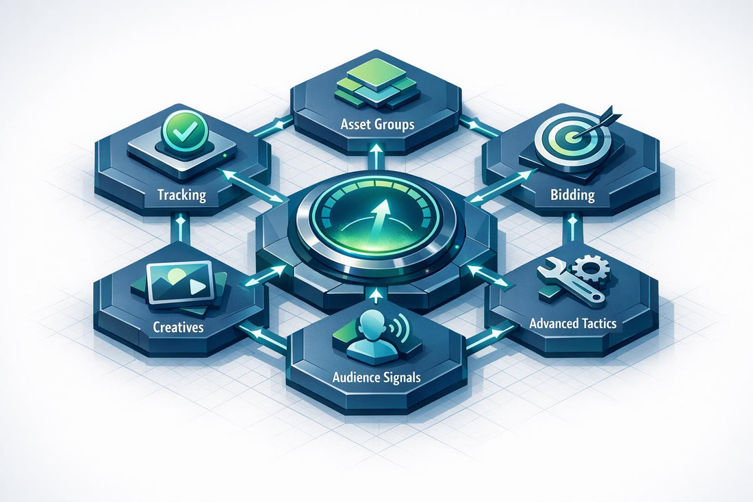 Performance Max optimization diagram showing asset groups, bidding, tracking, and audience signals for PMax campaigns.
