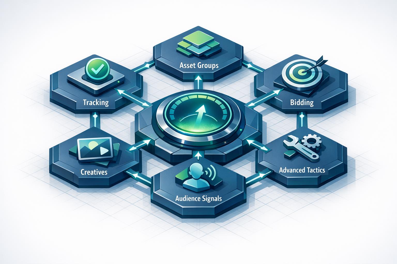 Performance Max optimization diagram showing asset groups, bidding, tracking, and audience signals for PMax campaigns.