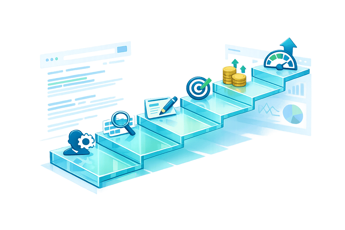 3D graphic illustrating the step-by-step Google Ads search ads process on glass stairs leading to a data dashboard.