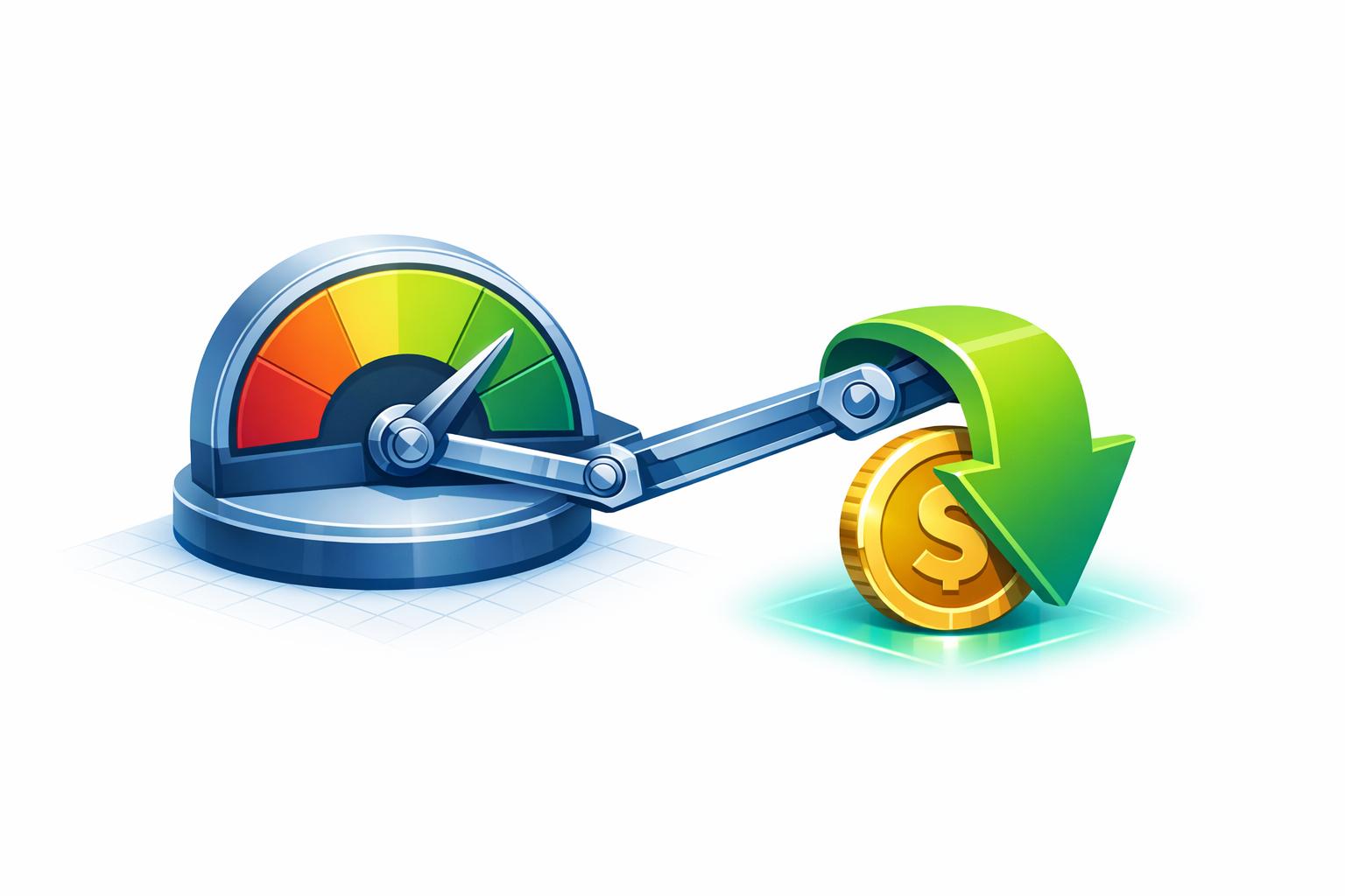 Google Ads Quality Score illustration showing a high performance gauge pushing down a CPC dollar coin.