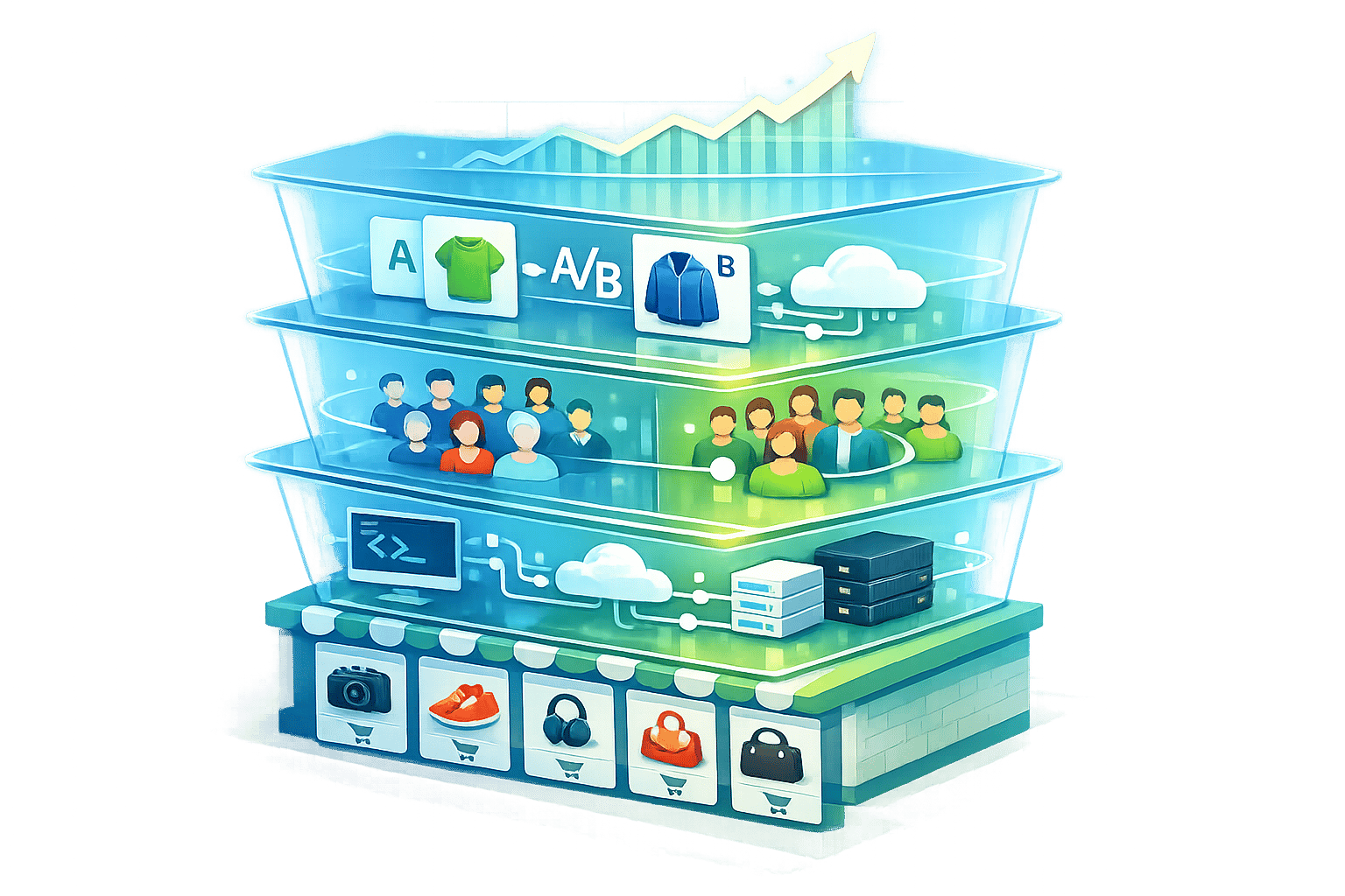 3D graphic showing how an ecommerce Meta ads expert drives growth through audience targeting and A/B testing.