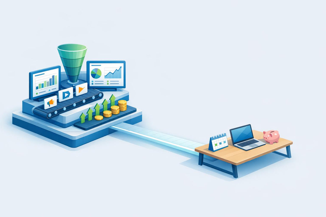 Outsourced marketing management for startups featuring digital analytics, sales funnels, and business scaling tools.
