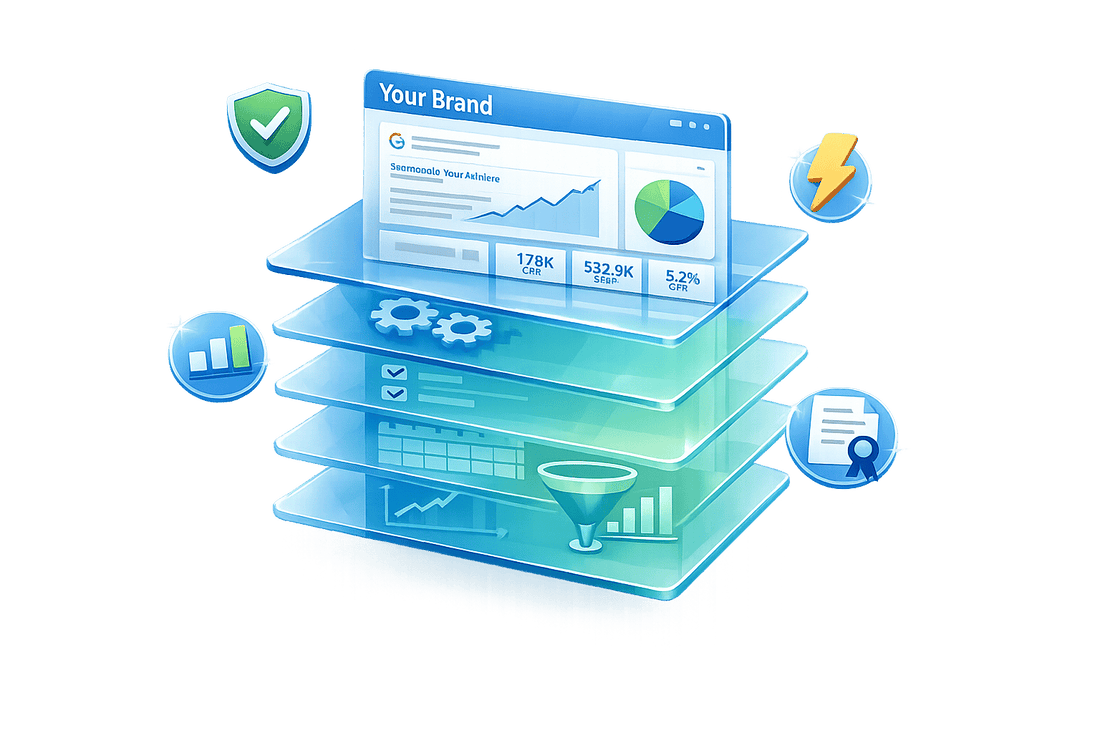 3D illustration of white label Google Ads management services, featuring a branded client dashboard with performance metrics stacked above layers of campaign optimization, reporting, and conversion tracking