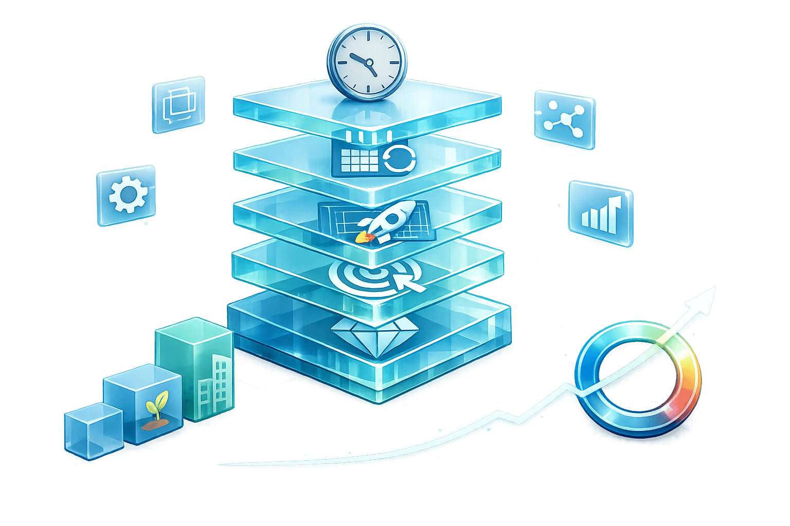 3D illustration of full-service digital marketing agency pricing tiers, featuring stacked service layers from setup to launch, targeting, and premium packages alongside business growth stages and ROI metrics
