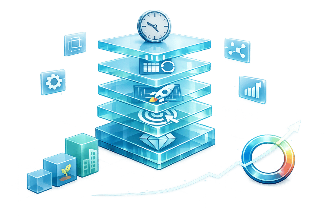 3D illustration of full-service digital marketing agency pricing tiers, featuring stacked service layers from setup to launch, targeting, and premium packages alongside business growth stages and ROI metrics