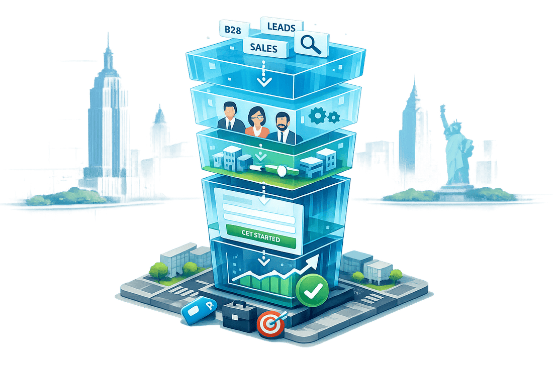 3D illustration of a B2B PPC advertising agency in New York, featuring a layered conversion funnel with lead generation keywords, decision-maker targeting, landing page forms, and sales growth against a city skyline