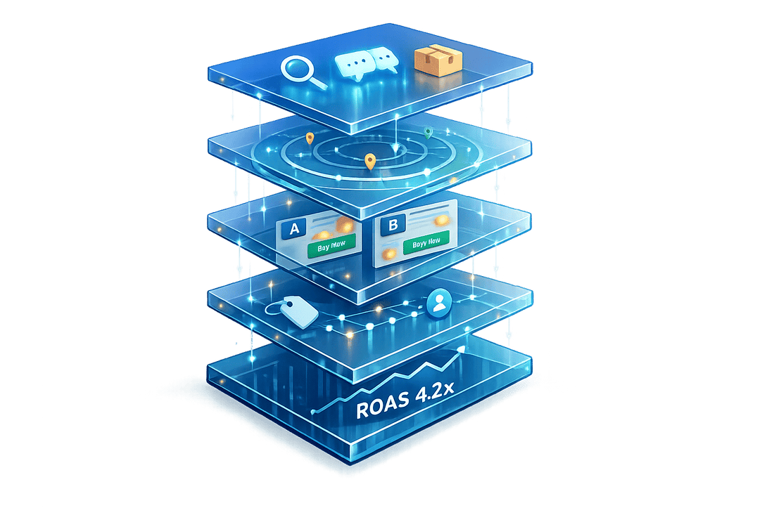 3D illustration of ecommerce marketing management agency services, featuring stacked layers of product discovery, audience targeting, A/B testing, and analytics culminating in a 4.2x ROAS result