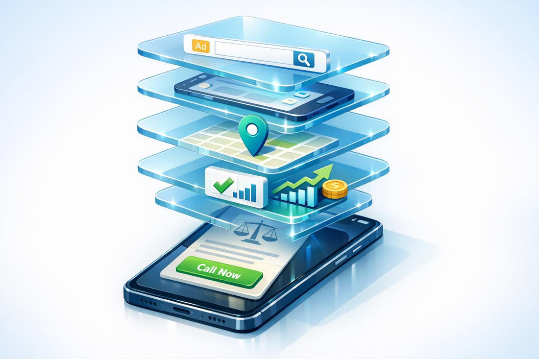 3D illustration of a DUI attorney marketing strategy, featuring stacked layers of search ads, mobile targeting, local map visibility, conversion tracking with ROI growth, and a call now landing page