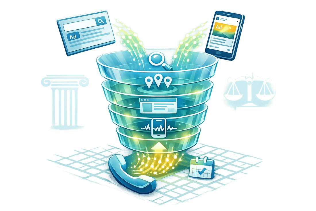 3D illustration of a DUI attorney paid advertising strategy, featuring a conversion funnel channeling search and social ads through local targeting, landing pages, and call tracking with legal branding