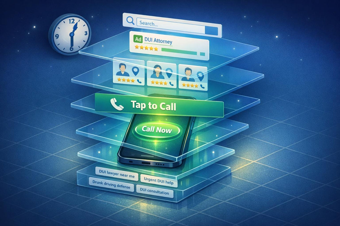 3D illustration of a digital marketing strategy for DUI attorneys, featuring stacked layers of search ads, attorney listings with reviews, tap to call mobile conversion, and urgent DUI keyword targeting