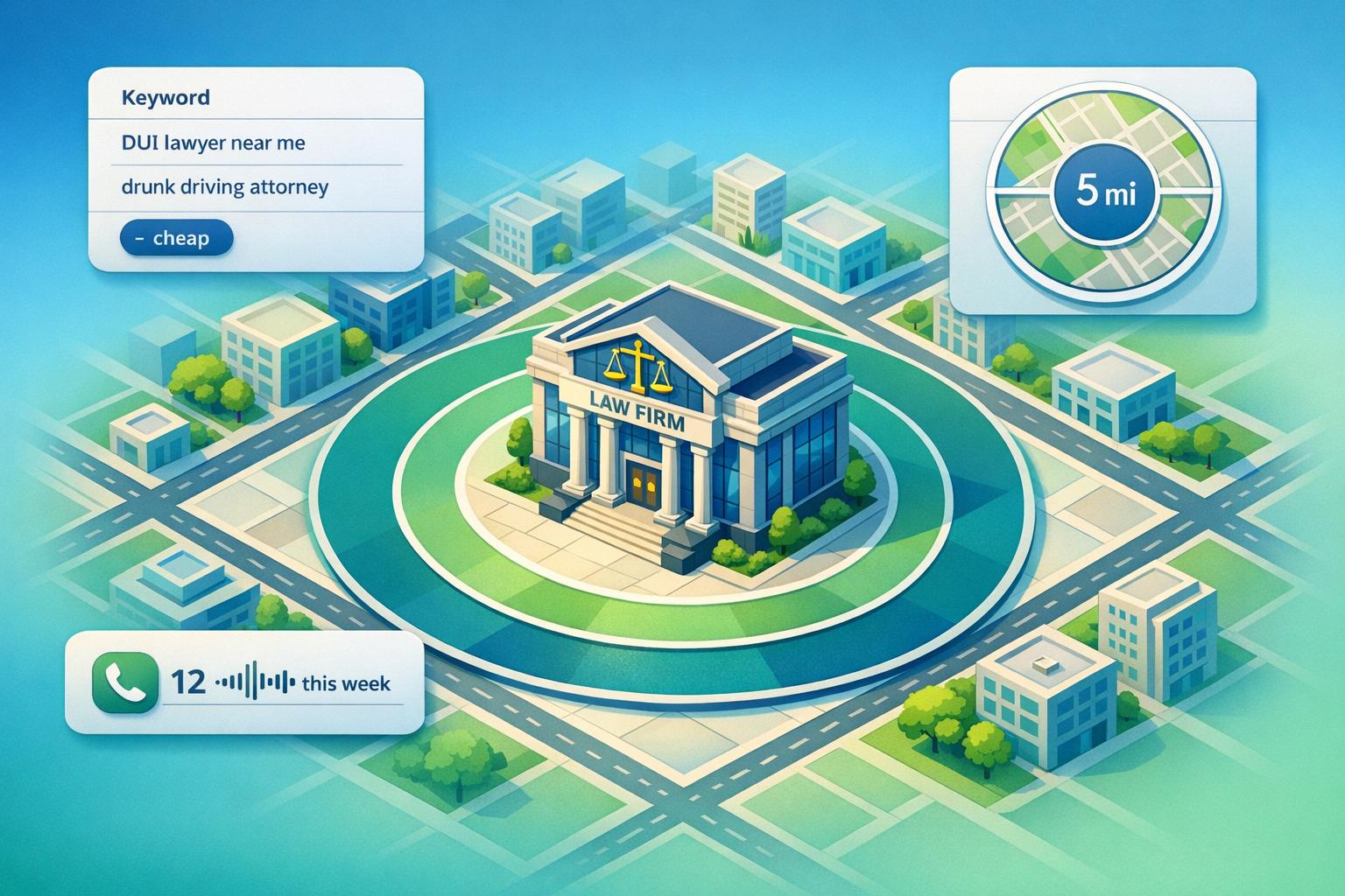 Illustration of a Google Ads strategy for DUI attorneys, featuring a law firm building at the center of a 5-mile geo-targeting radius with local keyword lists and weekly call tracking metrics