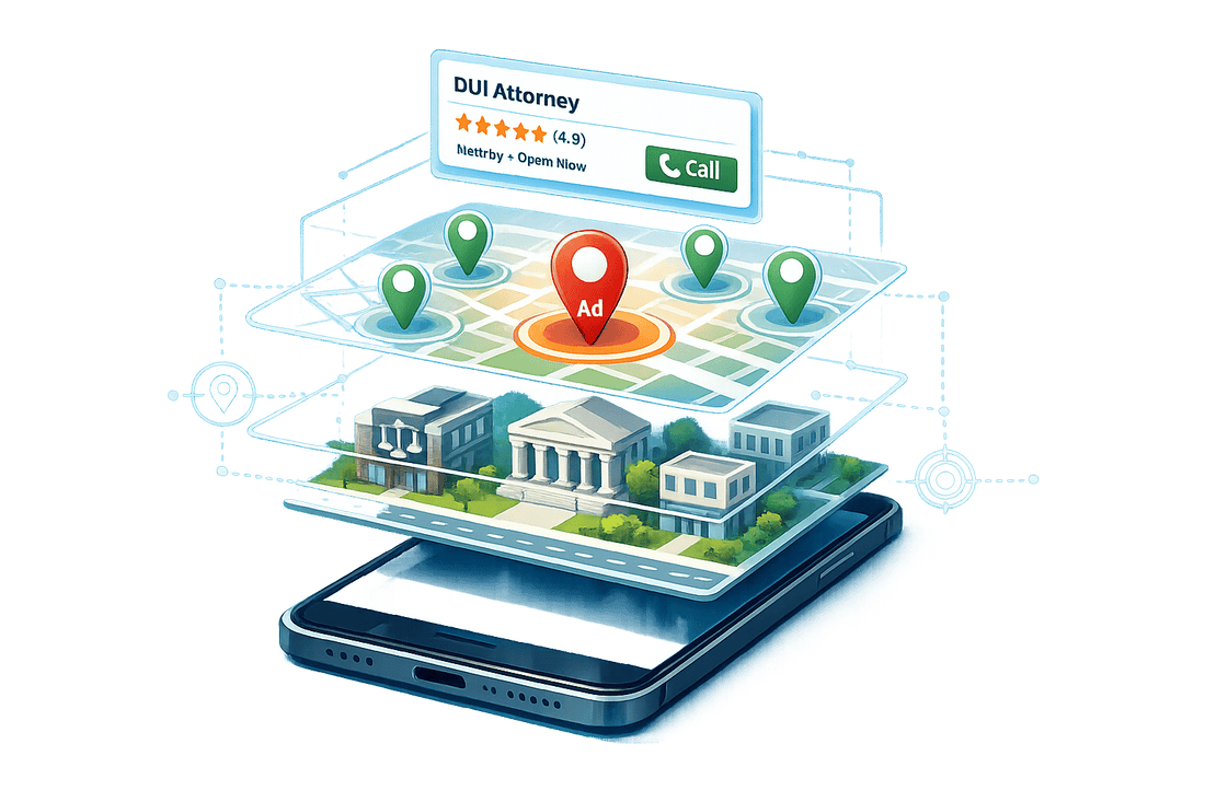 3D illustration of an SEO and GEO strategy for DUI attorneys, featuring a mobile map with location pins, nearby courthouse landmarks, and a local business listing with ratings and call-to-action