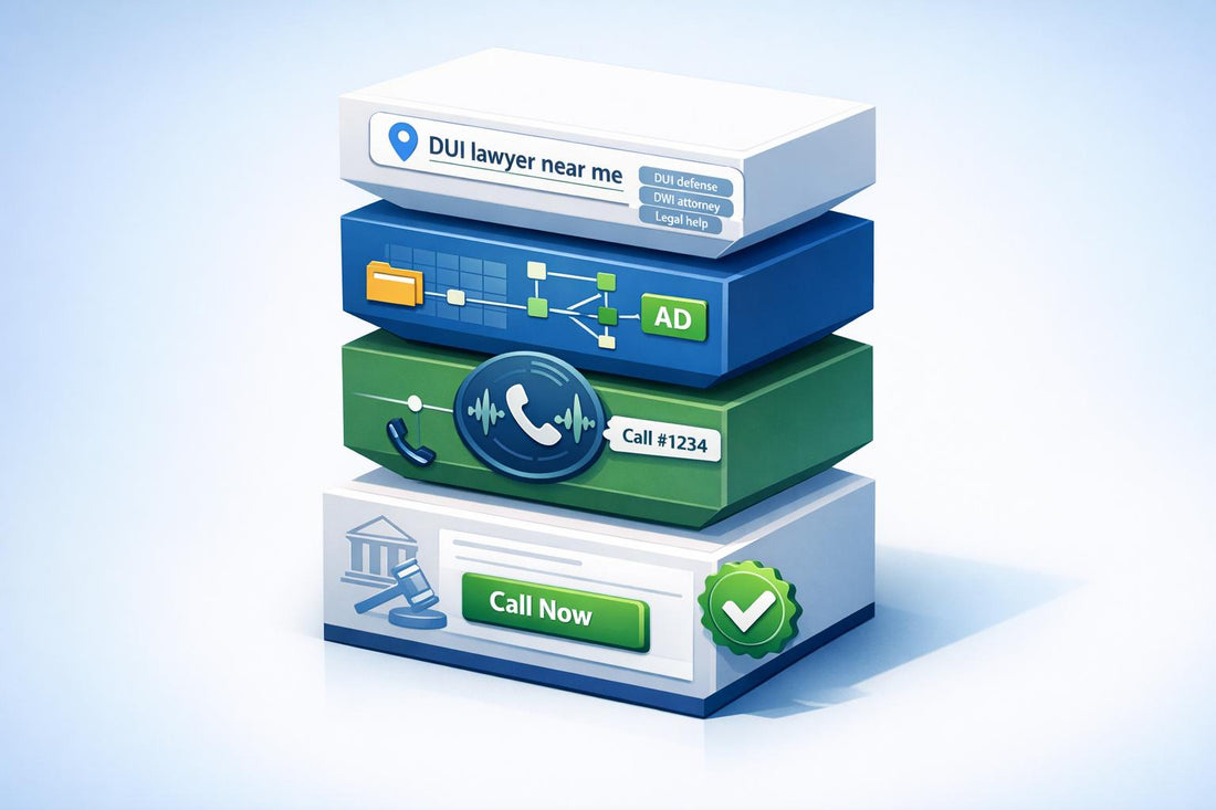 3D illustration of DUI attorney marketing agency services, featuring stacked layers of local search keywords, ad campaign targeting, call tracking, and a call now landing page with legal branding