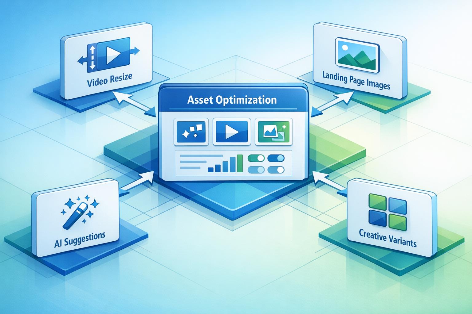3D illustration of Google Ads updated asset optimization layout for Demand Gen users, featuring a central optimization dashboard connected to video resize, landing page images, AI suggestions, and creative variants panels