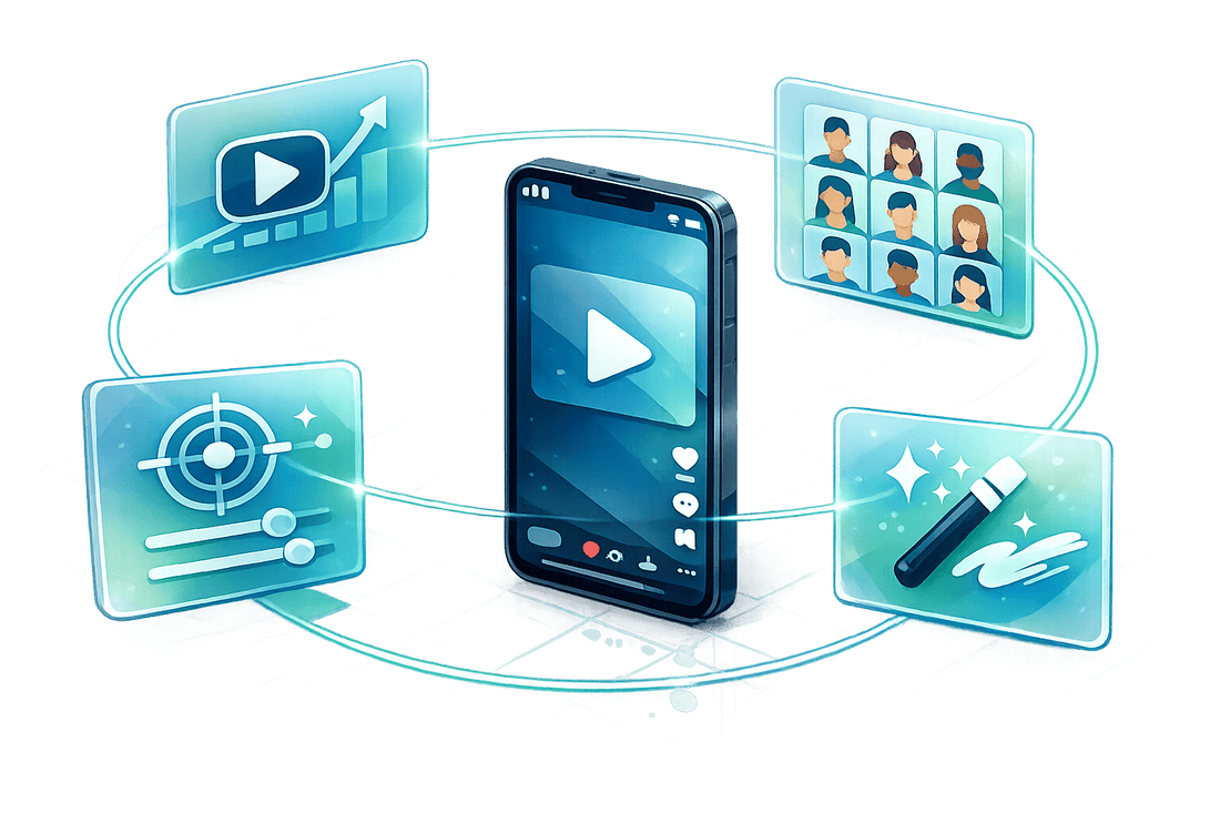 3D illustration of Meta enhanced ad placements and AI creative tools, featuring a smartphone playing video surrounded by performance charts, audience targeting, analytics, and creative editing icons