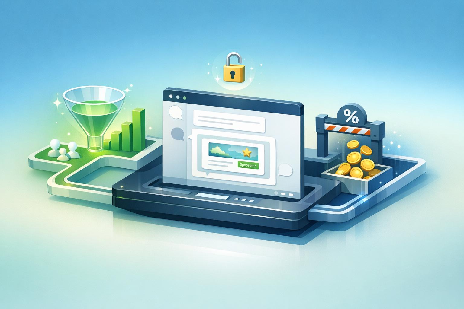 3D illustration of OpenAI expanding ChatGPT ads self-serve channel access, featuring a laptop displaying a sponsored chat ad with conversion funnel, audience targeting, security lock, and coin rewards