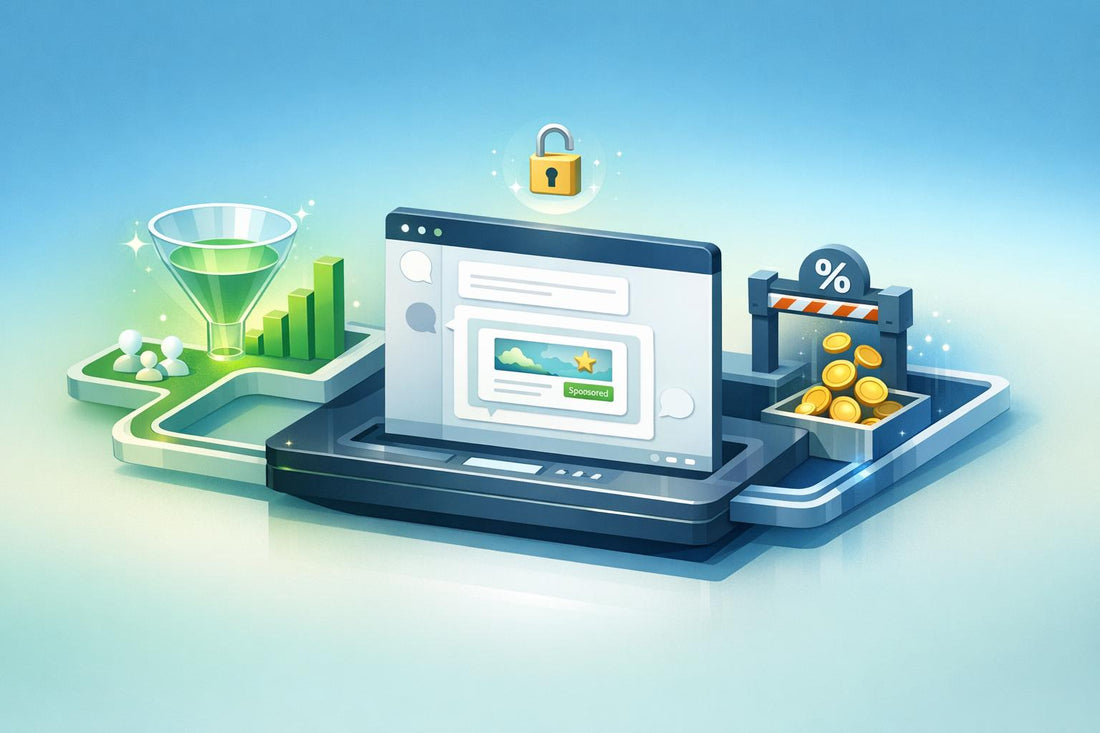 3D illustration of OpenAI expanding ChatGPT ads self-serve channel access, featuring a laptop displaying a sponsored chat ad with conversion funnel, audience targeting, security lock, and coin rewards