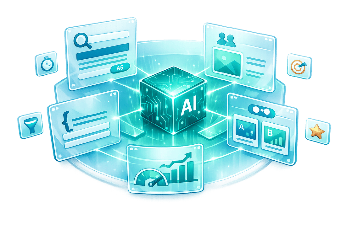 3D illustration of AI copywriting for Google Ads and Meta Ads, featuring a glowing AI cube surrounded by search ads, display creatives, A/B testing panels, and performance analytics dashboards