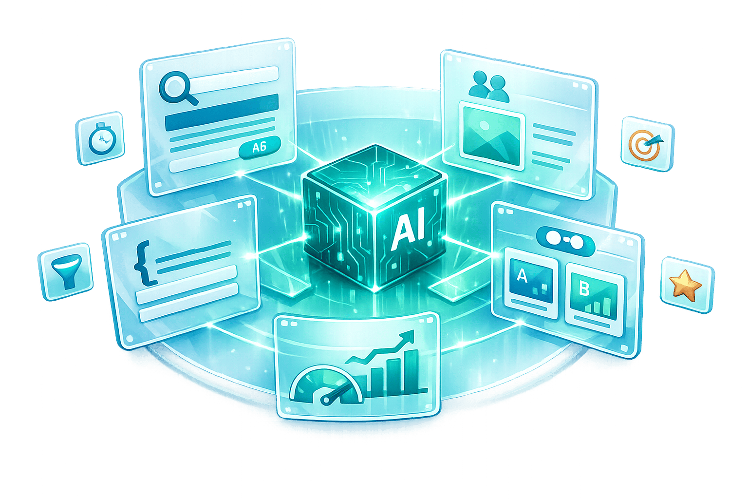 3D illustration of AI copywriting for Google Ads and Meta Ads, featuring a glowing AI cube surrounded by search ads, display creatives, A/B testing panels, and performance analytics dashboards