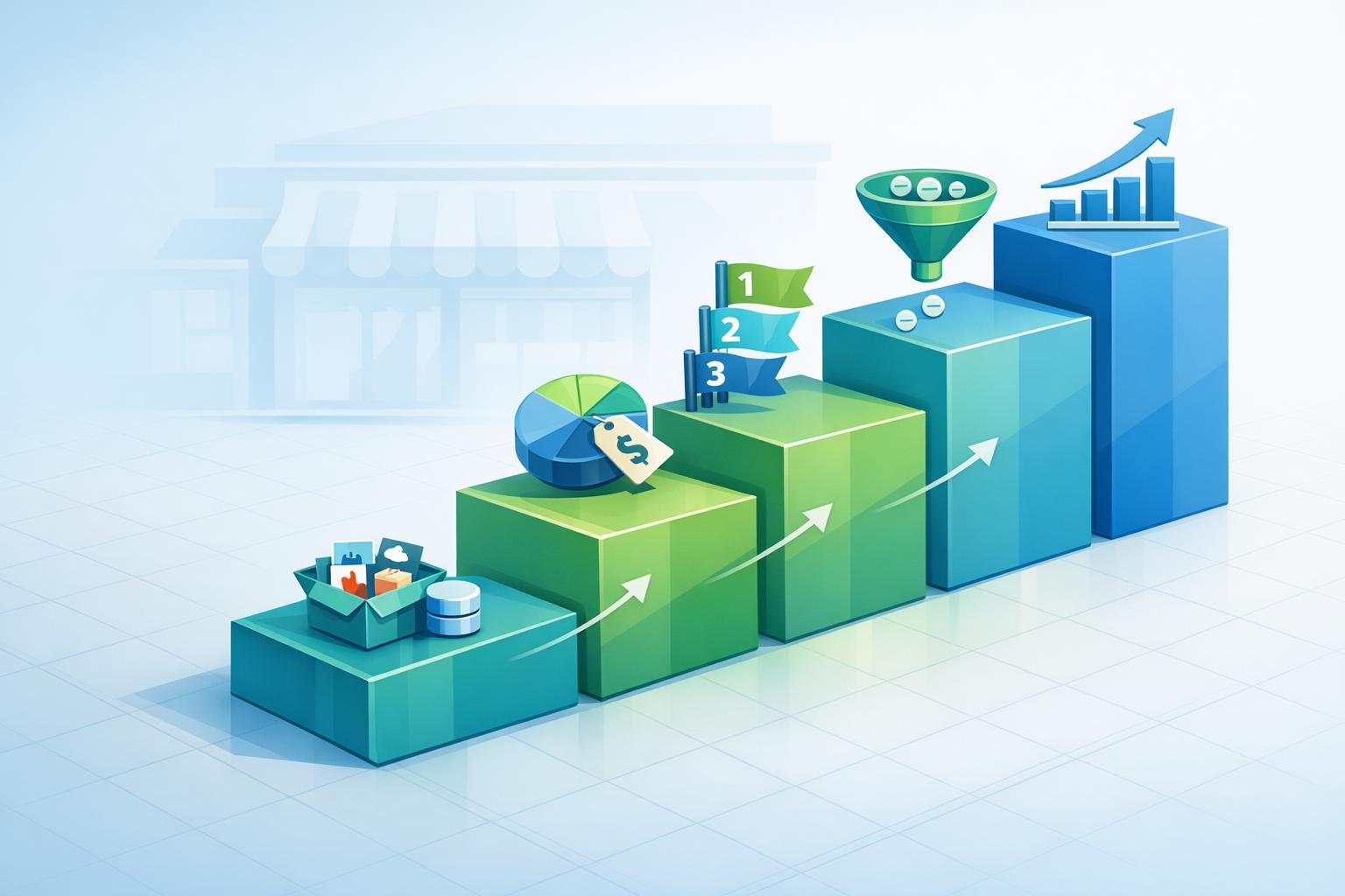 3D illustration of Google Shopping campaigns structure for retailers, featuring an ascending bar chart with shopping basket, stacked revenue, conversion funnel, and growth arrows against a storefront backdrop