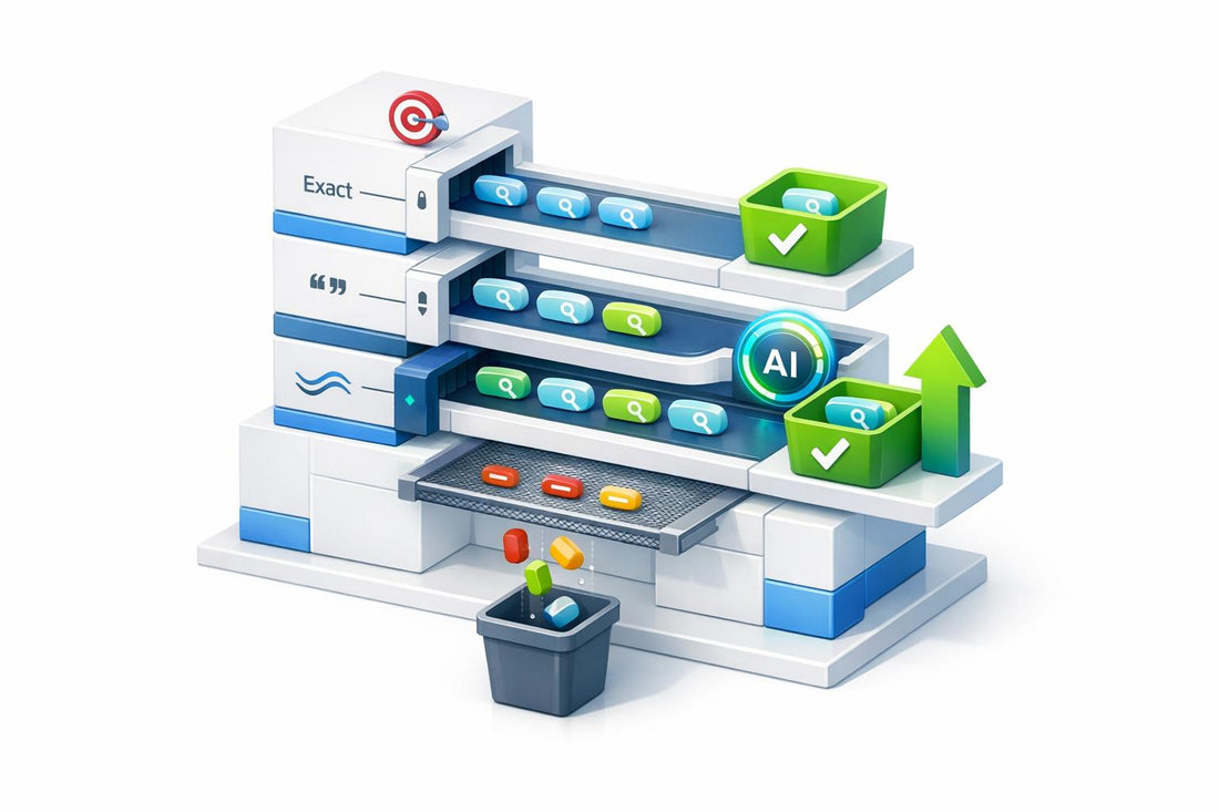 3D illustration of Google Ads keyword match types for beginners, featuring a tiered structure with targeting icons, keyword containers, AI optimization badges, and performance approval checkmarks