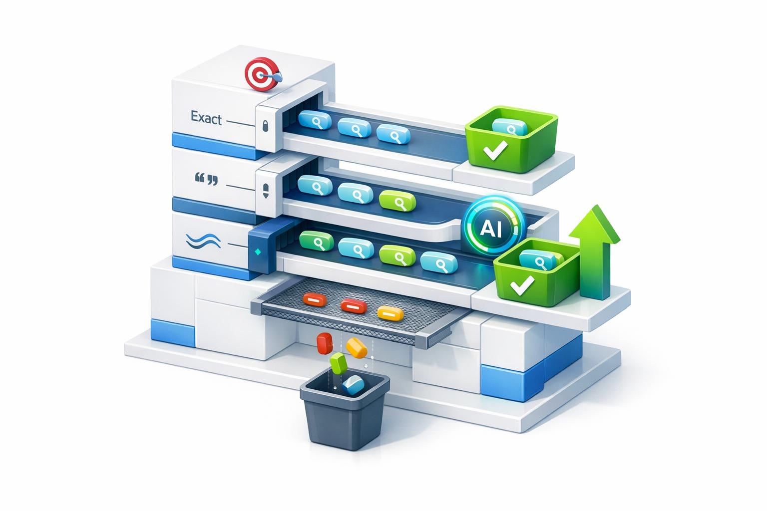 3D illustration of Google Ads keyword match types for beginners, featuring a tiered structure with targeting icons, keyword containers, AI optimization badges, and performance approval checkmarks
