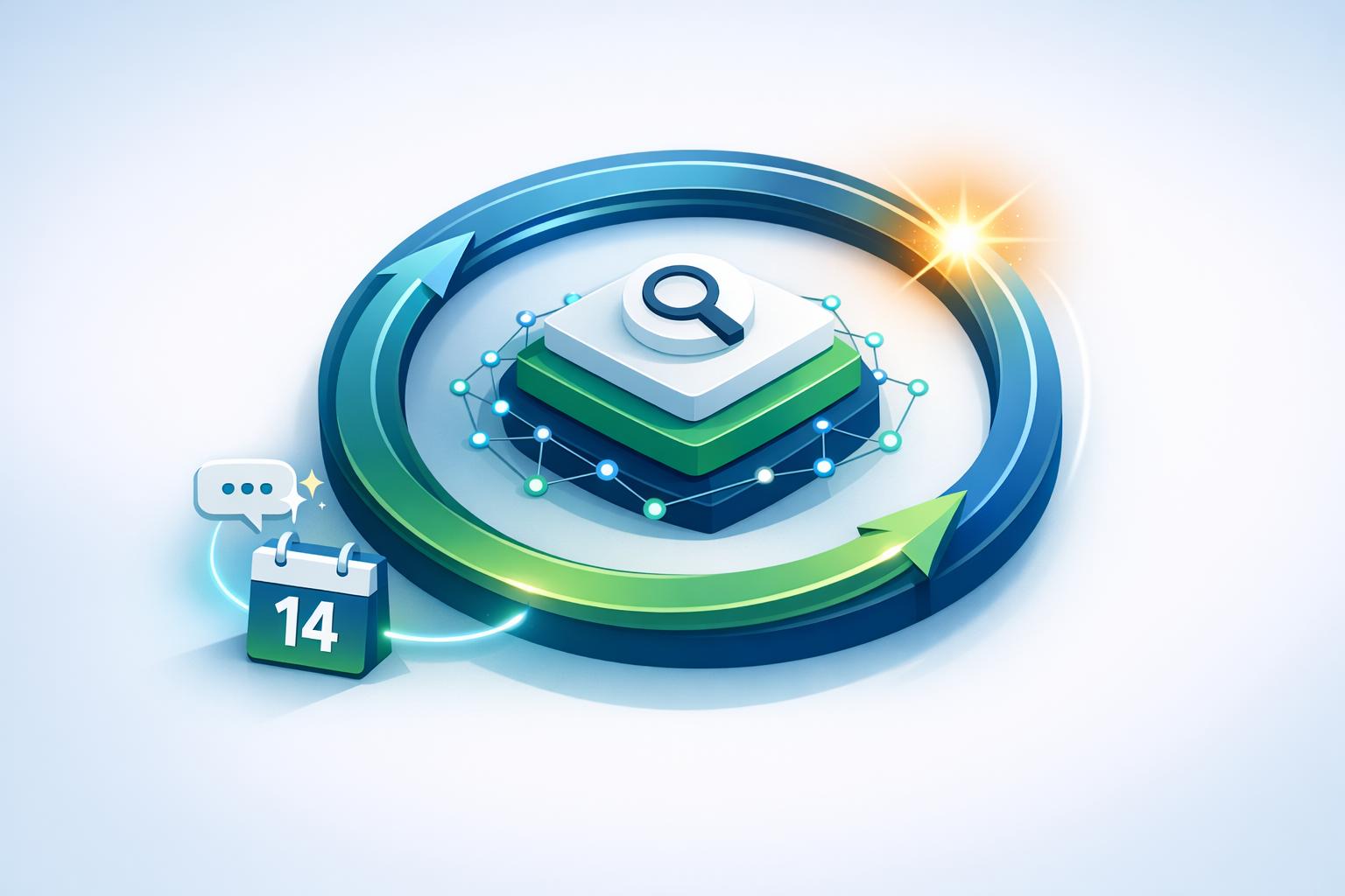 3D illustration of the Google March 2026 core algorithm update rollout, featuring a layered search icon encircled by refresh arrows with a 14-day calendar marker signaling the update cycle