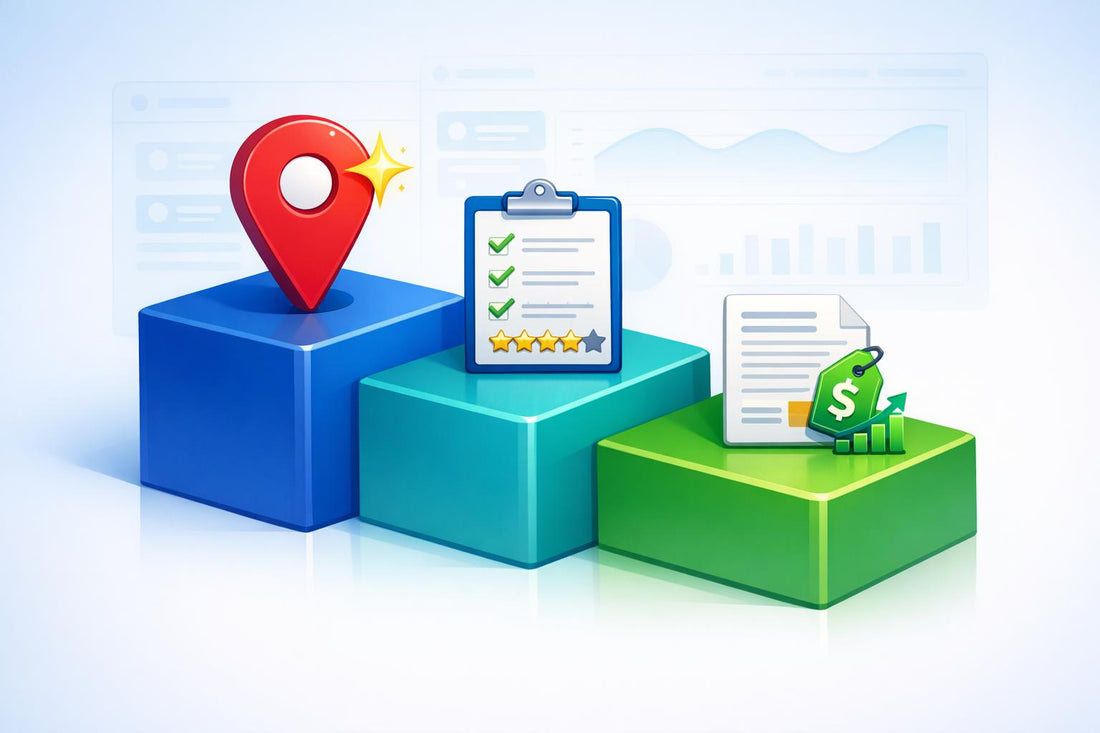 3D illustration of the best local SEO tools to dominate the market, featuring a location pin, review checklist with star ratings, and pricing document with growth chart on tiered podium blocks