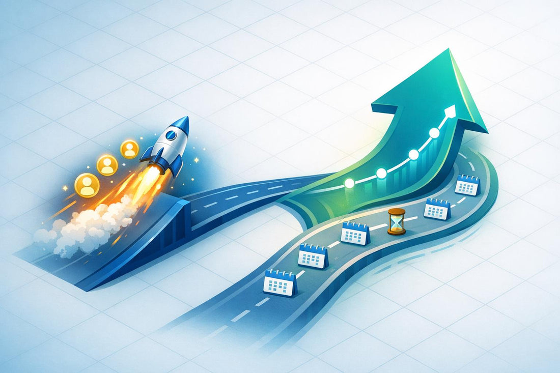 3D illustration comparing fast-launch versus long-term strategies for local SEO tools to dominate the market, featuring a rocket launching audiences alongside a winding road with calendar milestones and an upward growth arrow
