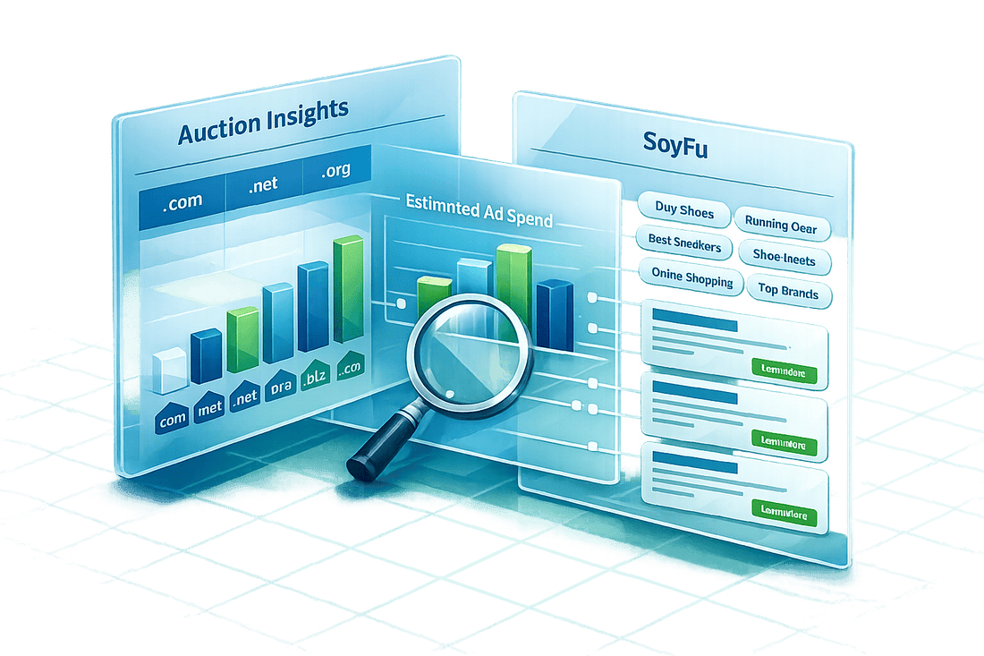 3D illustration of quick Google Ads competitive analysis tools, featuring auction insights dashboards with domain share data, estimated ad spend charts, and competitor keyword lists with sample ad previews
