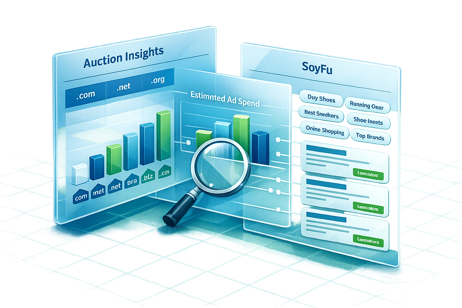 3D illustration of quick Google Ads competitive analysis tools, featuring auction insights dashboards with domain share data, estimated ad spend charts, and competitor keyword lists with sample ad previews