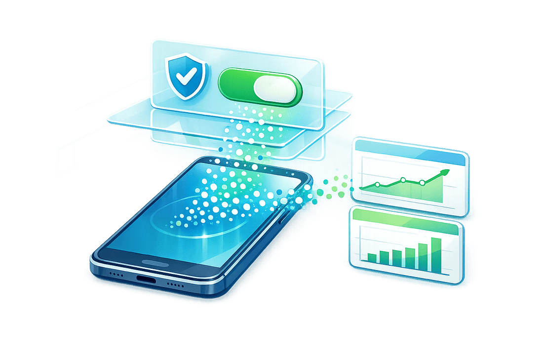 Google Ads app consent diagnostics and enhanced privacy features displayed on a smartphone with security icons and growth charts.