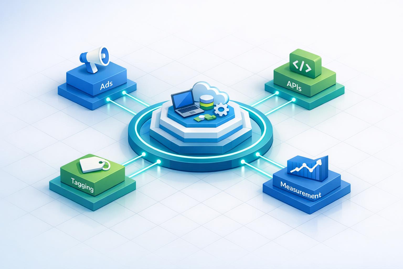 Google centralized developer hub illustrating interconnected modules for Ads, APIs, Tagging, and Measurement.