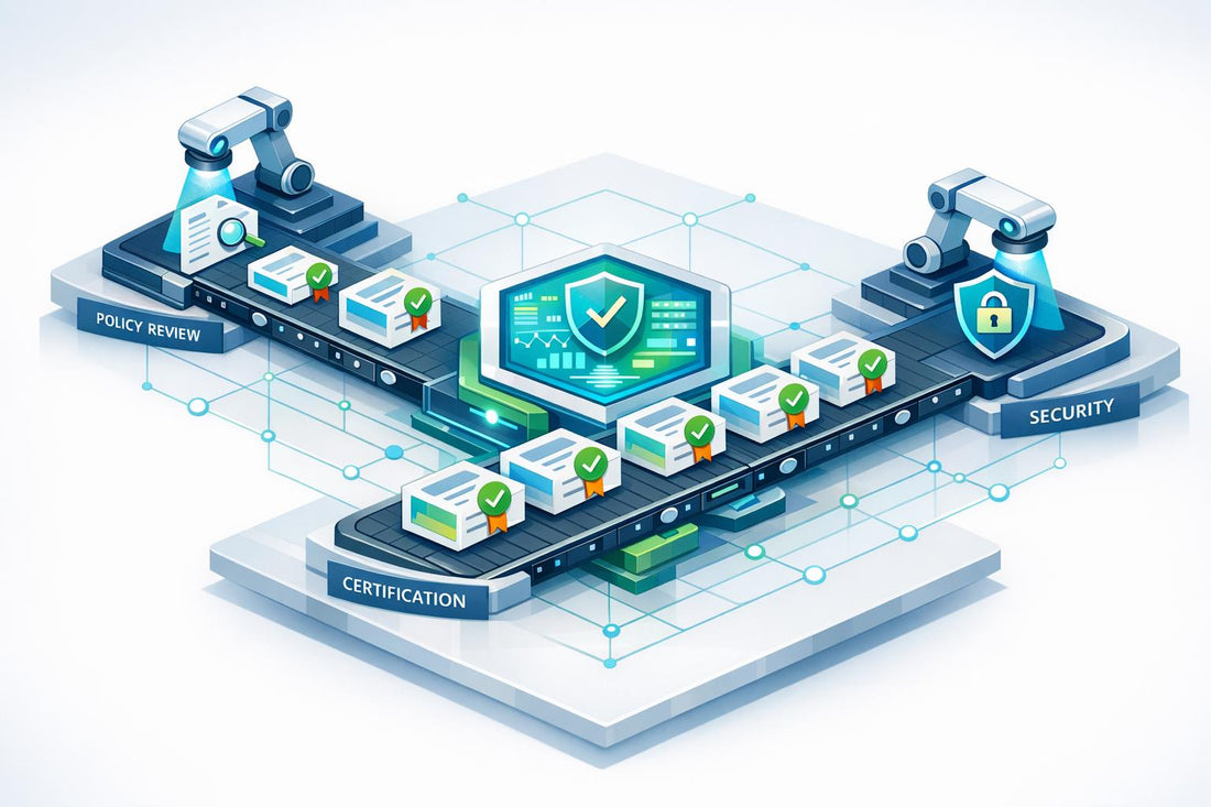 Automated ad security and risk management assembly line illustrating policy review, security, and certification stages.