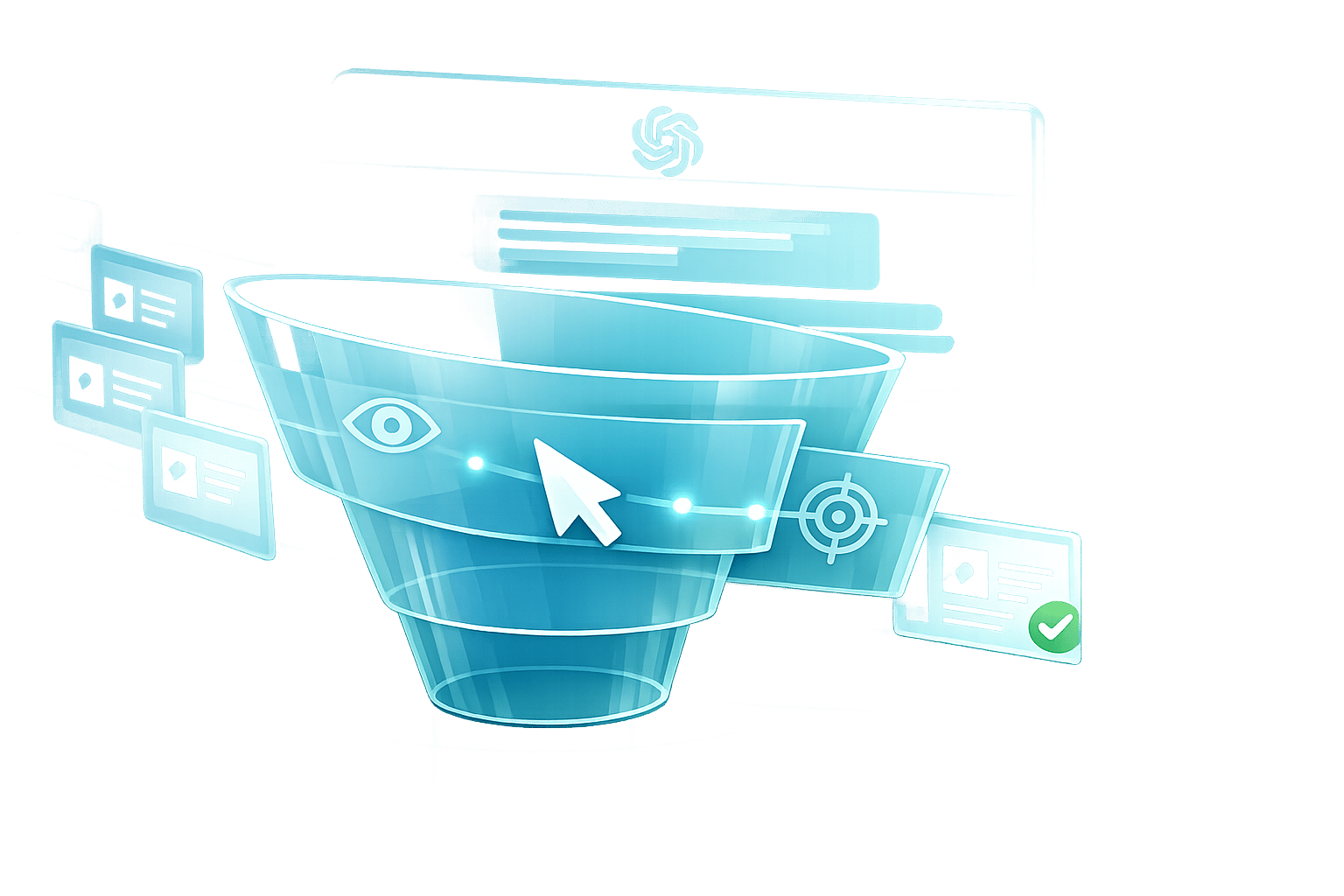 OpenAI integrates CPC advertising model into ChatGPT featuring a digital sales funnel and ad placement icons.