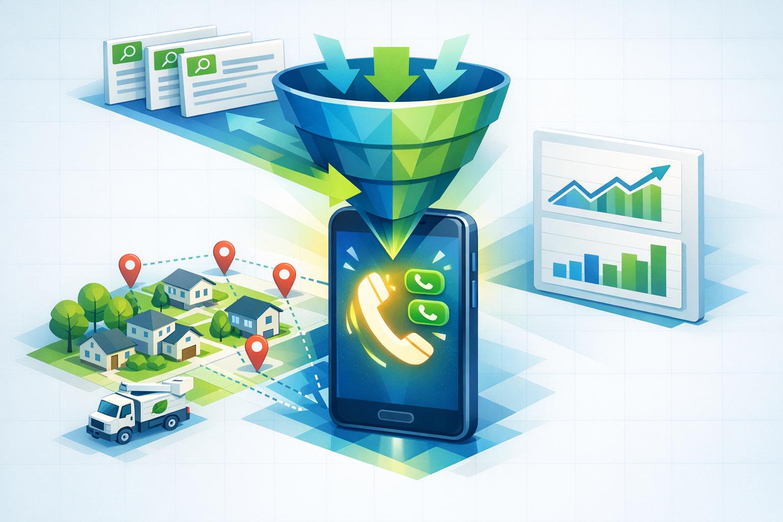 Google Ads funnel generating tree service leads and phone calls with local targeting and performance analytics