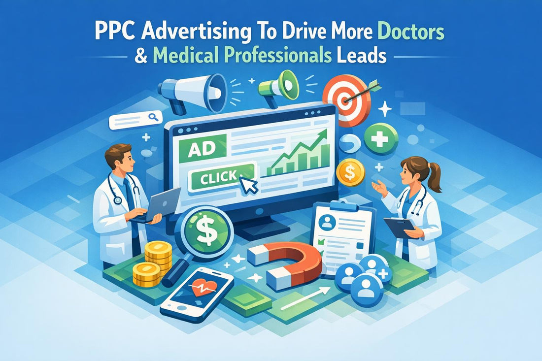 PPC advertising concept for doctors and medical professionals to drive leads via search ads and digital marketing.