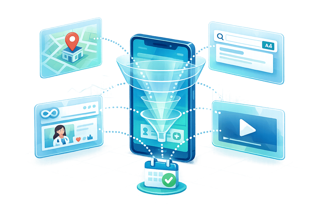 Dermatologist marketing strategies funnel showing local maps, search ads, and video content for lead generation.