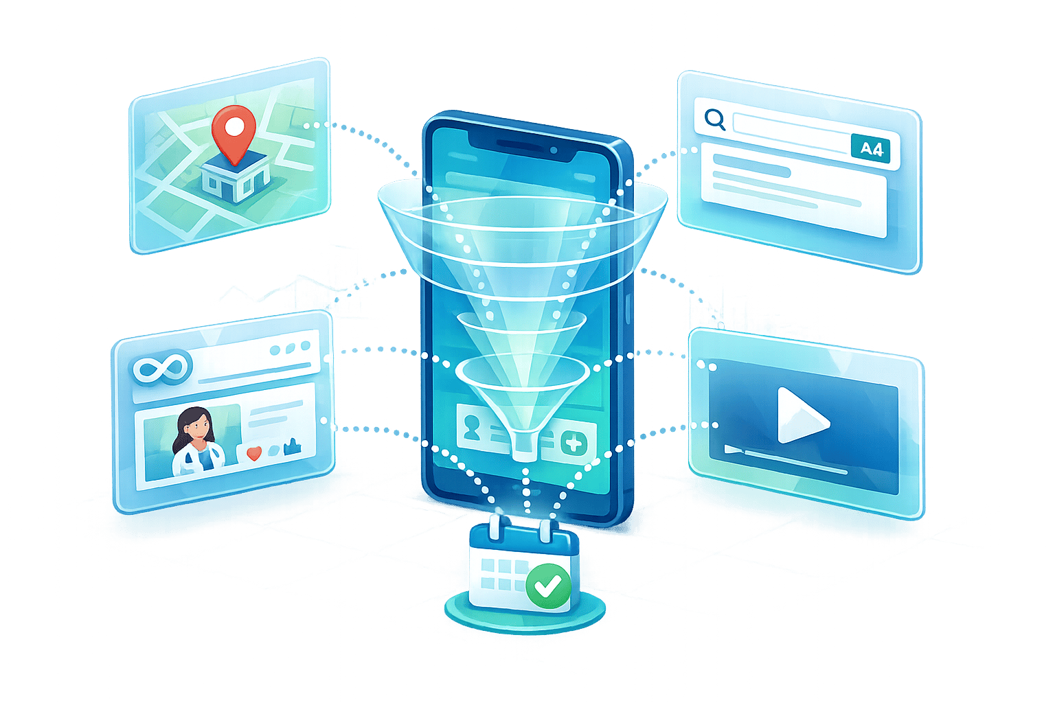 Dermatologist marketing strategies funnel showing local maps, search ads, and video content for lead generation.