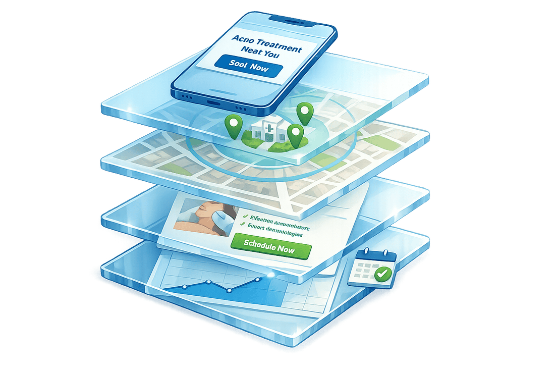 PPC advertising for dermatologists showing acne treatment ads, local map targeting, and booking conversions.