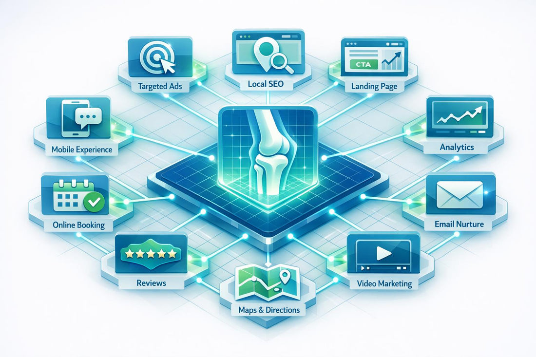 Digital marketing strategies for orthopedic surgeons linking local SEO, targeted ads, and online booking.