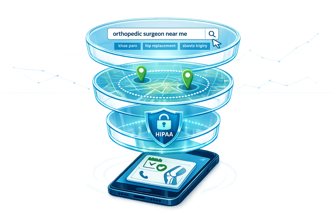 A digital marketing funnel for orthopedic surgeons featuring a HIPAA-protected search and mobile lead generation.